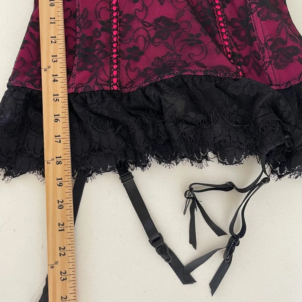 Baci Bustier Corset Top Womens 1X/2X Pink Black‎ Lace Garter Straps Boudoir Goth